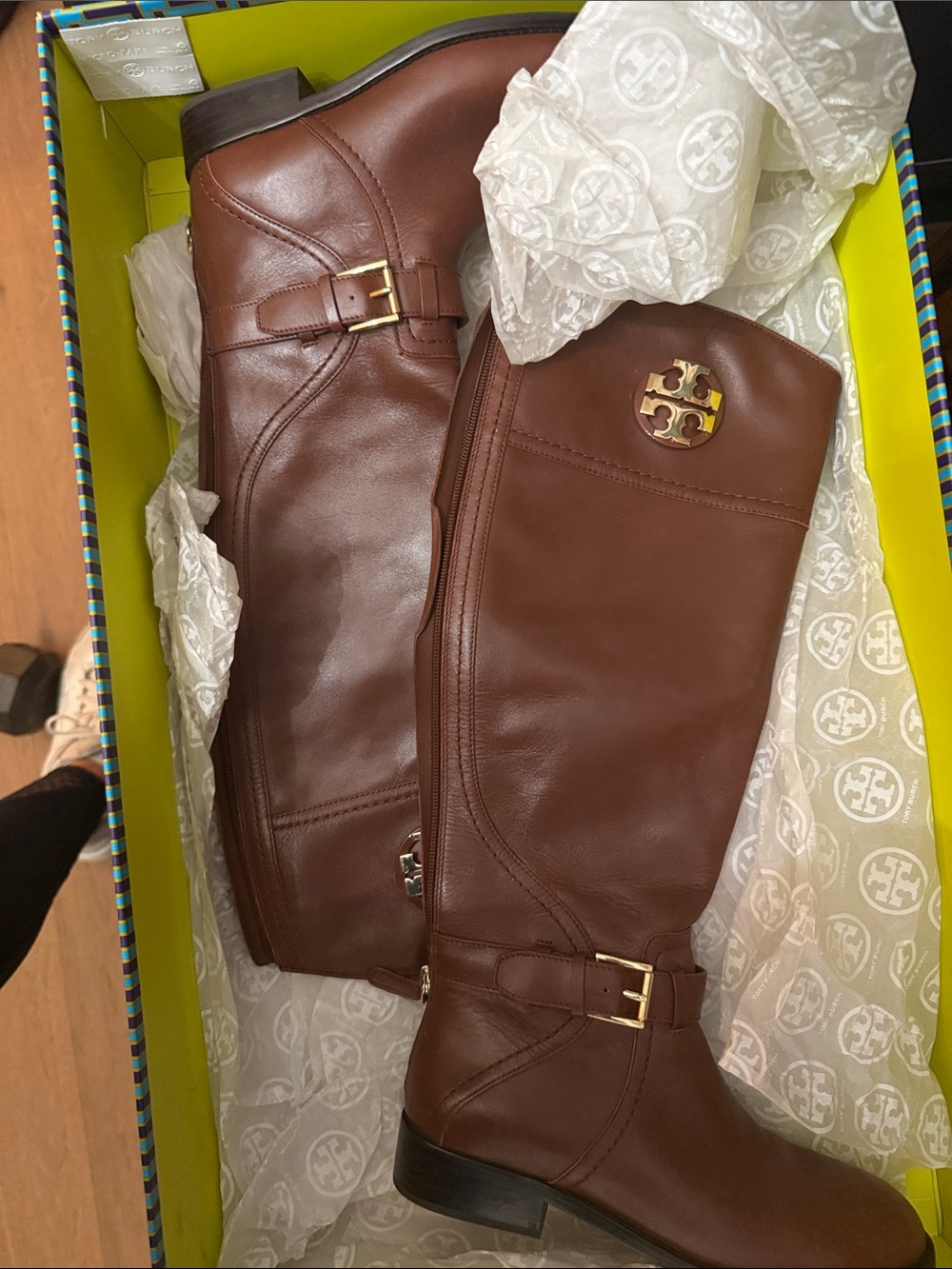 Tory Burch Brown Leather Knee-High Boots with Gold Logo - Picture 3 of 5